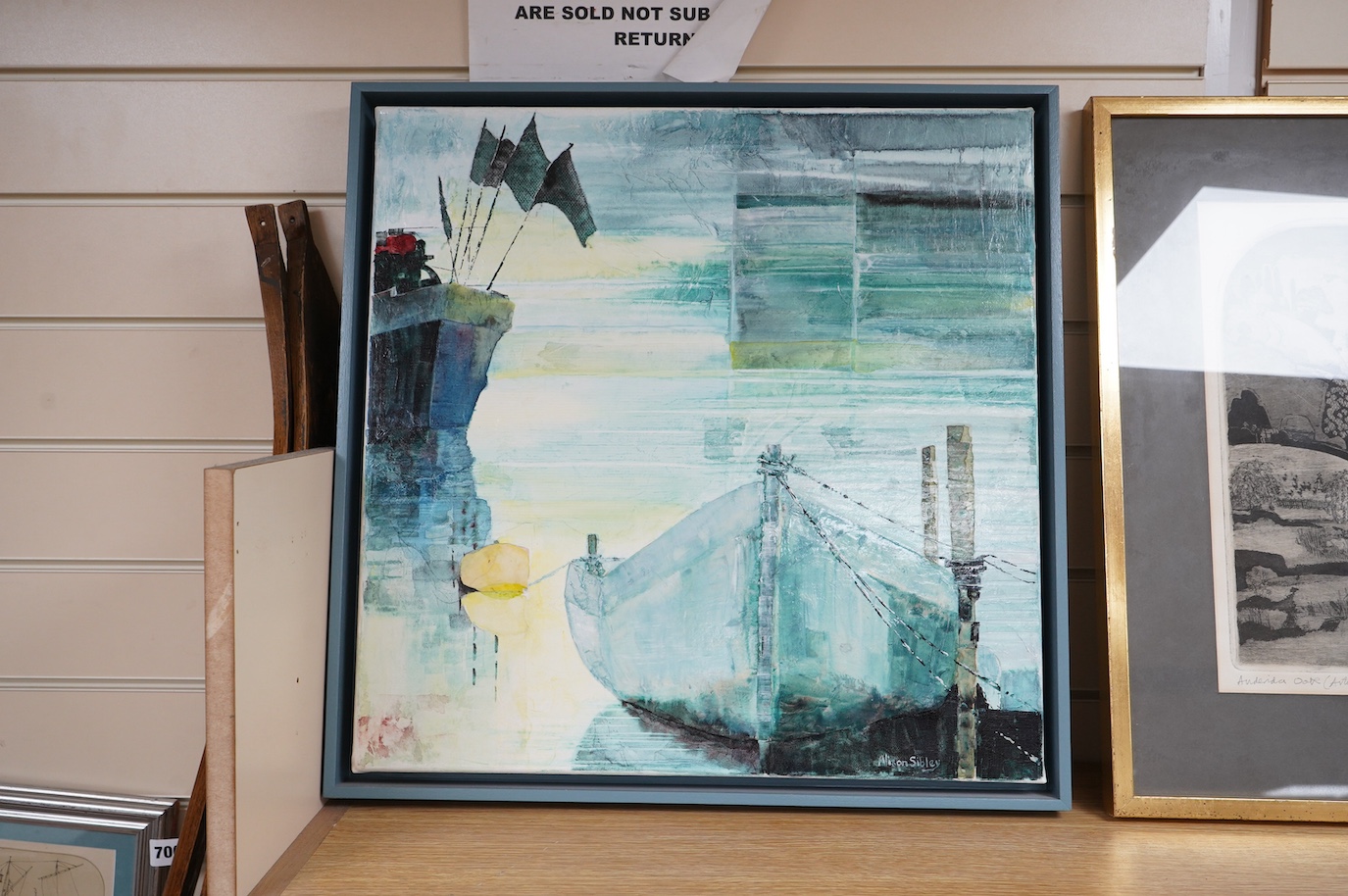 Alison Sibley (contemporary), acrylic and mixed media on canvas, ‘Boats, Shoreham Harbour’, signed, 50 x 50cm. Condition - good